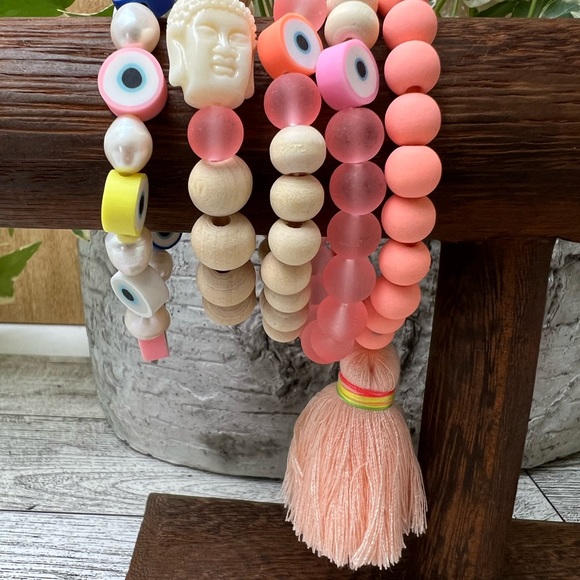 Pink & Beige Bohemian Stacked Bead Bracelet Set - Hippie Chic Bracelets - Picture 6 of 10
